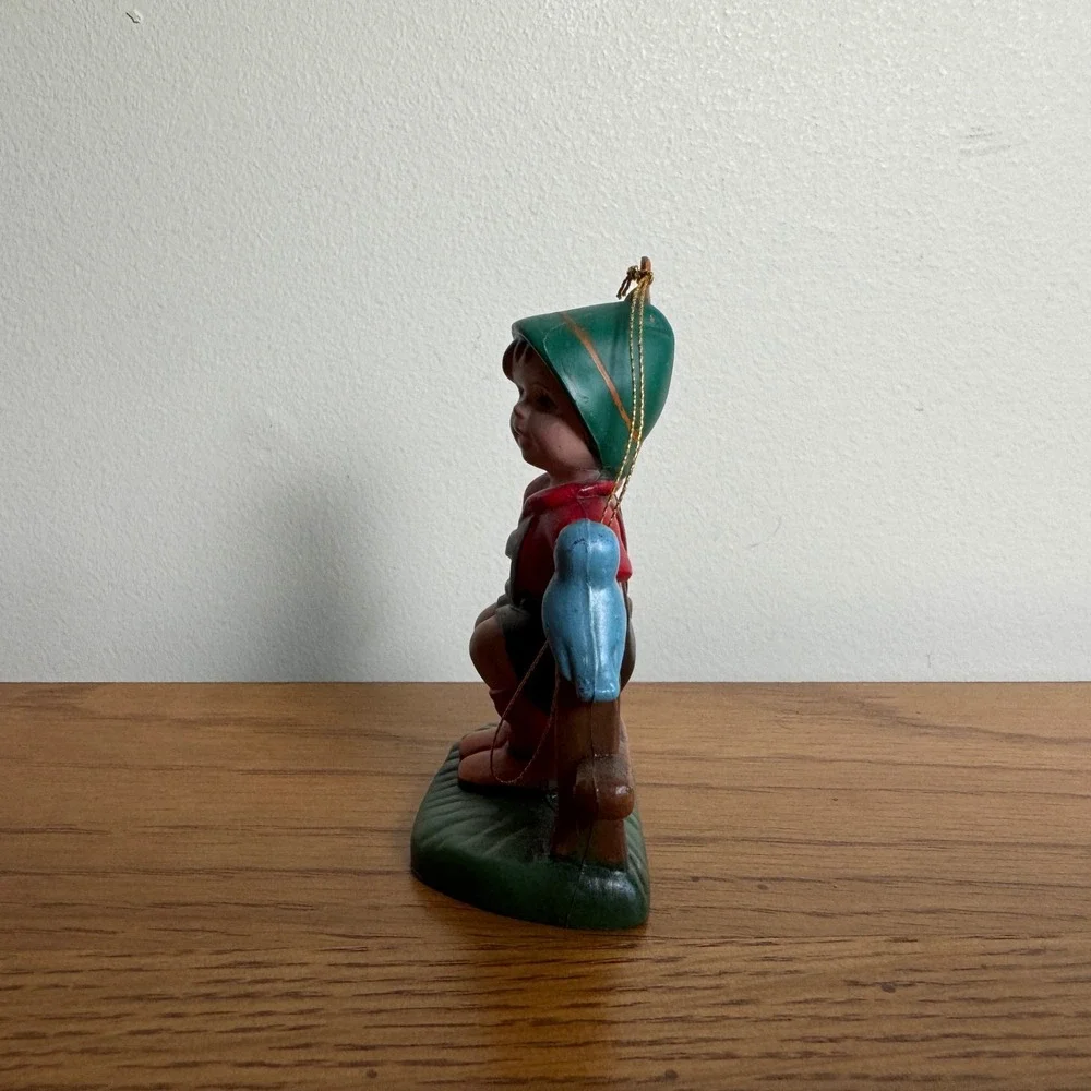 Vintage Plastic Ornament Folk Style Boy Bird Sitting Fence 1970s Figurine‎